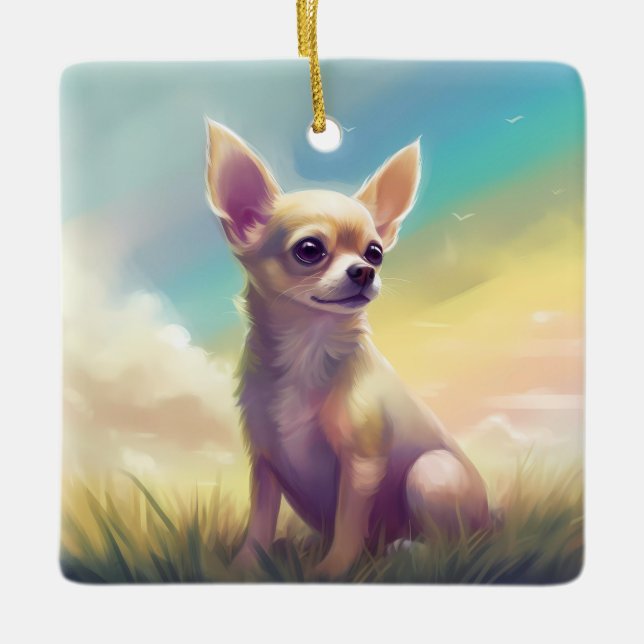 Chihuahua Rainbow Bridge Pet Hund Memorial Sympath Julgransprydnad Keramik (Framsida)