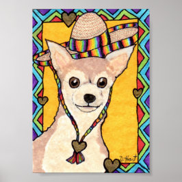Chihuahua & Rainbow Sombrero Mini Mexican Folk Art Poster