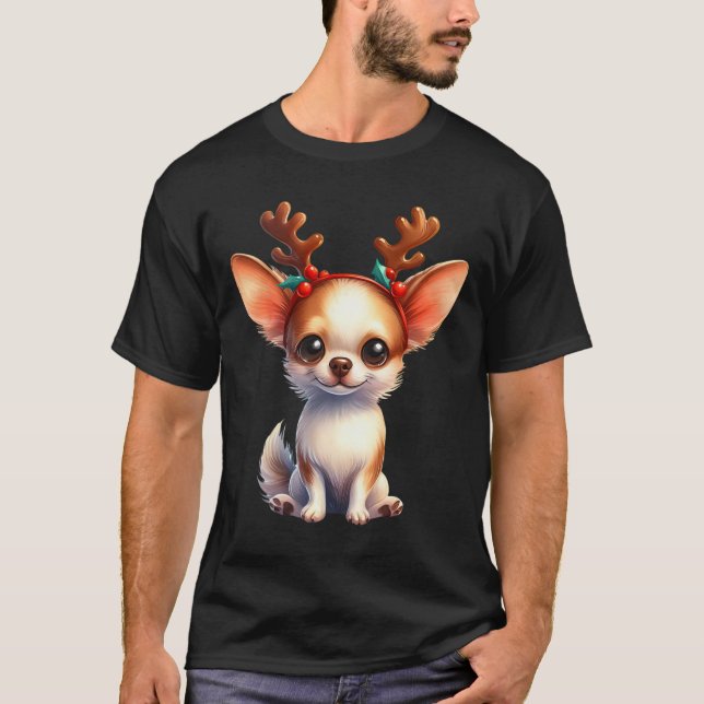 Chihuahua Reindeer Santa Hat Julafton Ljus jul T Shirt (Framsida)