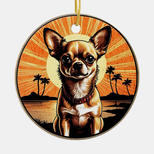 Chihuahua Retro Sunset Hund älskare Julgransprydnad Keramik (Framsidan)