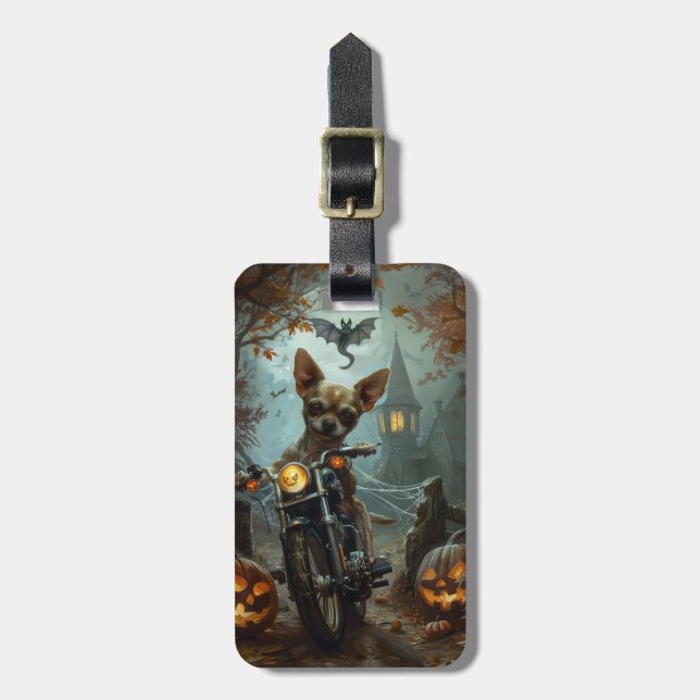 Chihuahua Riding Motorcycle Halloween Scary Bagagebricka (Vertikal Framsida)
