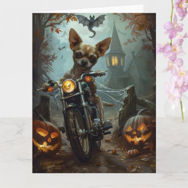 Chihuahua Riding Motorcycle Halloween Scary Kort (Orkide)