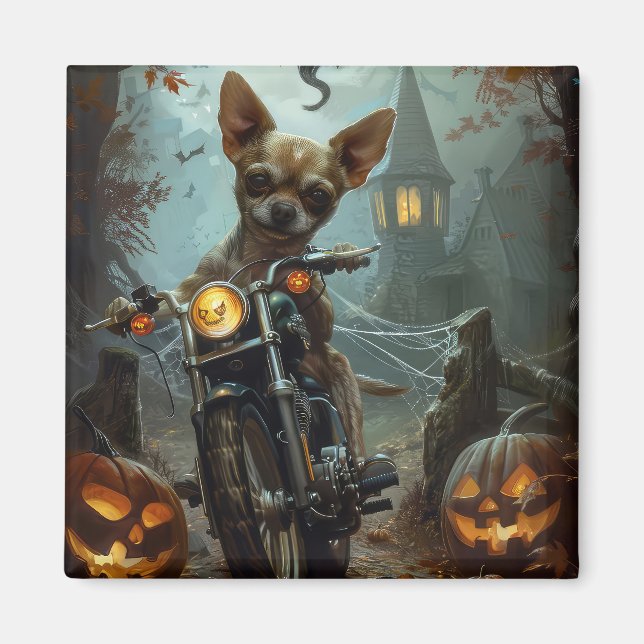 Chihuahua Riding Motorcycle Halloween Scary Magnet (Framsidan)