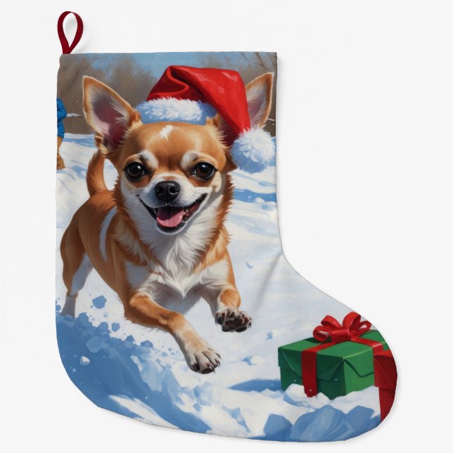 Chihuahua Runin i Snö med julklapp Stor Julstrumpa (Framsidan)