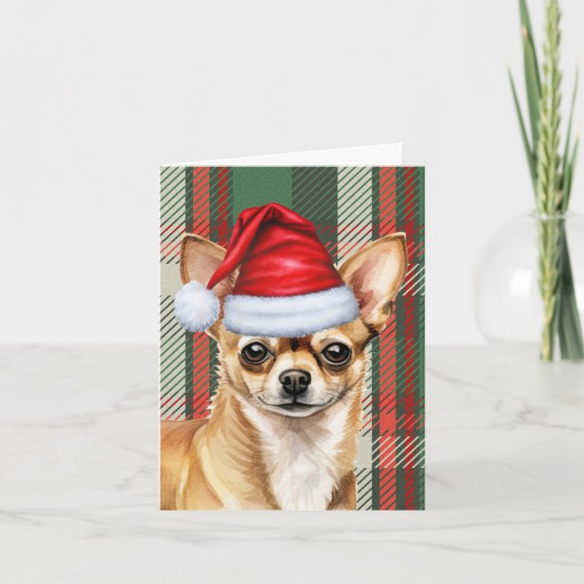 Chihuahua Santa Hund Red Grönt Plade jul Helgkort (Framsida)
