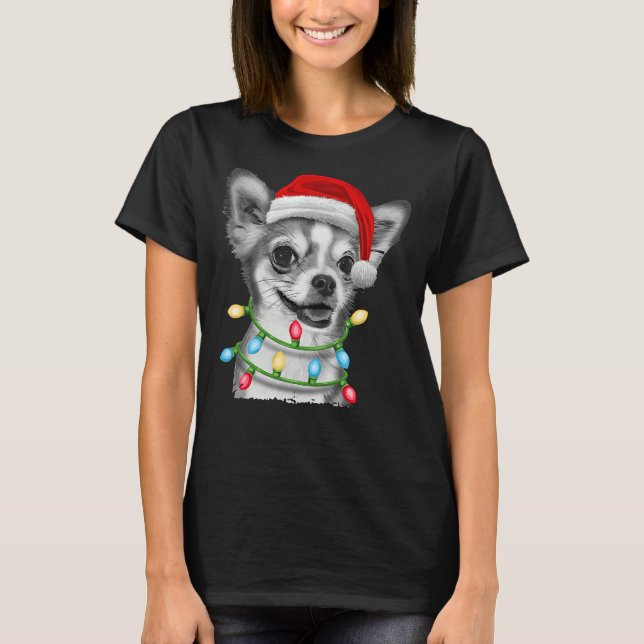 Chihuahua Santa Julgran Ljus Julafton T Shirt (Framsida)