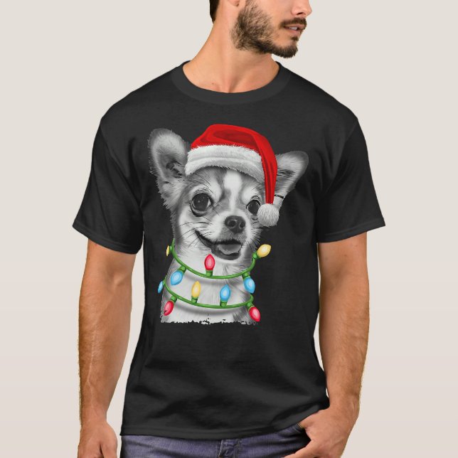 Chihuahua Santa Julgran Ljus Julafton T Shirt (Framsida)