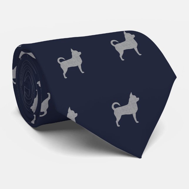 Chihuahua Silhouettes Mönster Navy Blue och Grått Slips (Rullad)