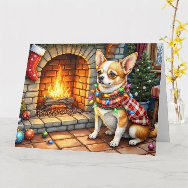 Chihuahua Sitting Fireplace with Christmas Lights Kort (Gul blomma)