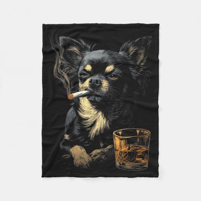 Chihuahua Smoking Cigarette Whisky Lover Funny Dog Fleecefilt (Framsidan)