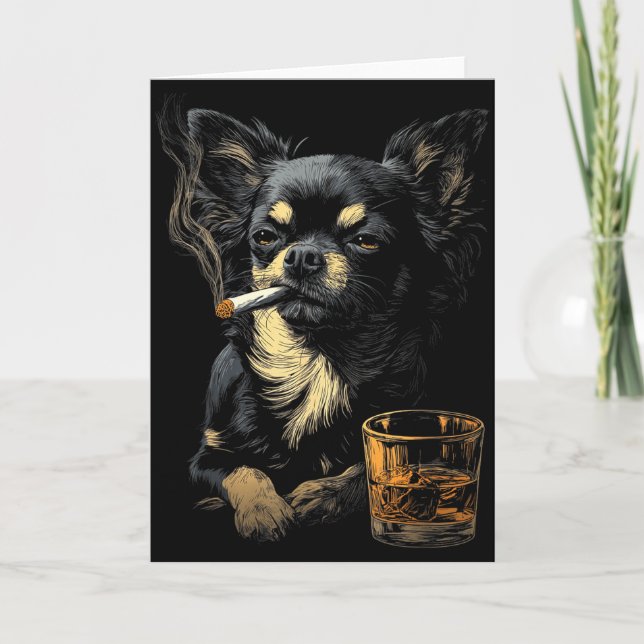 Chihuahua Smoking Cigarette Whisky Lover Funny Dog Kort (Framsida)
