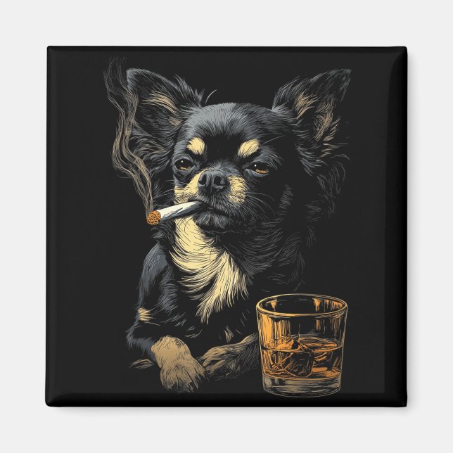 Chihuahua Smoking Cigarette Whisky Lover Funny Dog Magnet (Framsidan)