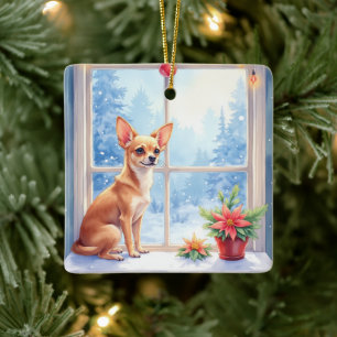 Chihuahua Snöig Fönsterbräda Högtid Jul Konst Julgransprydnad Keramik