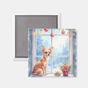 Chihuahua Snöig Fönsterbräda Högtid Jul Konst Magnet