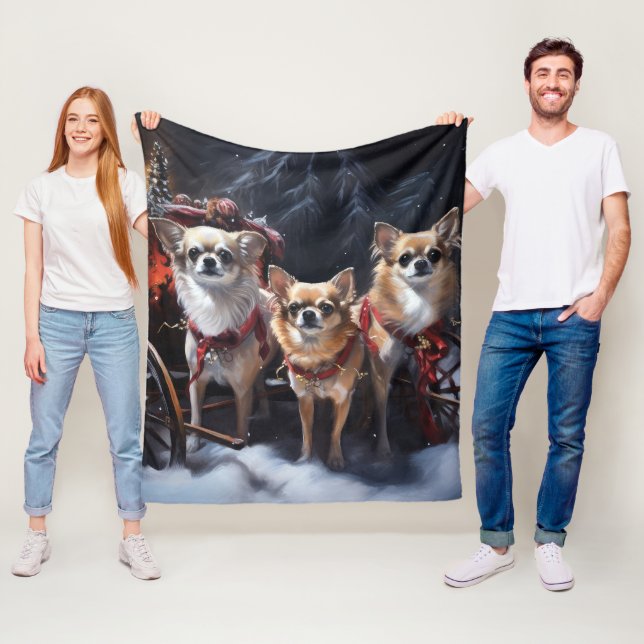 Chihuahua Snowy Sleigh-juldekretet Fleecefilt (På plats)