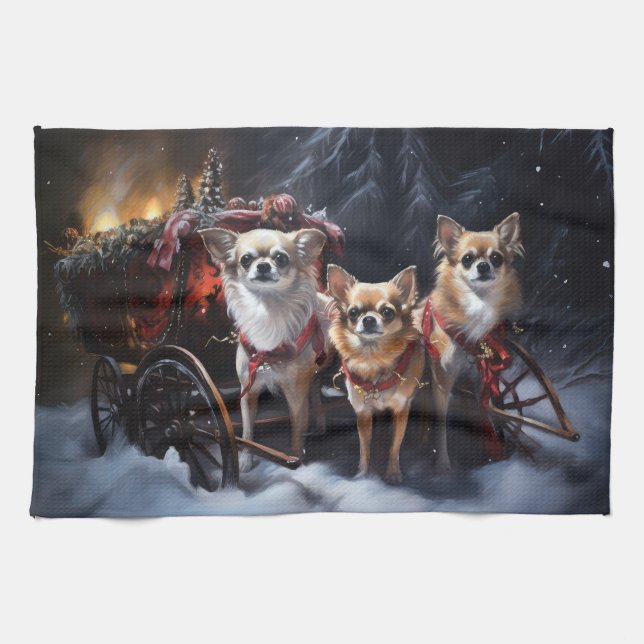 Chihuahua Snowy Sleigh-juldekretet Kökshandduk (Horisontell)