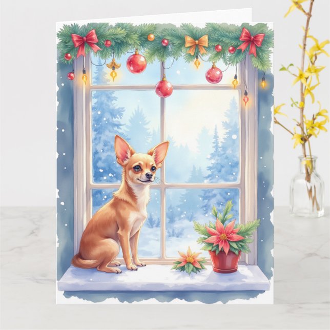 Chihuahua Snowy Windowsill Holiday Christmas Art Kort (Gul blomma)
