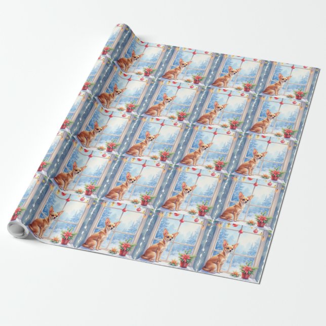 Chihuahua Snowy Windowsill Holiday Christmas Art Presentpapper (Utrullad)