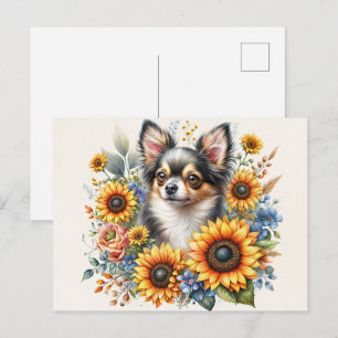 Chihuahua Solros Postkort Söt Blommig Hund Konst Vykort