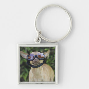 Chihuahua som ha på sig goggles fyrkantig silverfärgad nyckelring