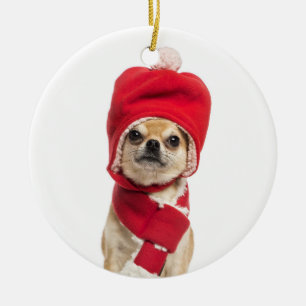 Chihuahua som ha på sig jul hatt och Scarf Julgransprydnad Keramik