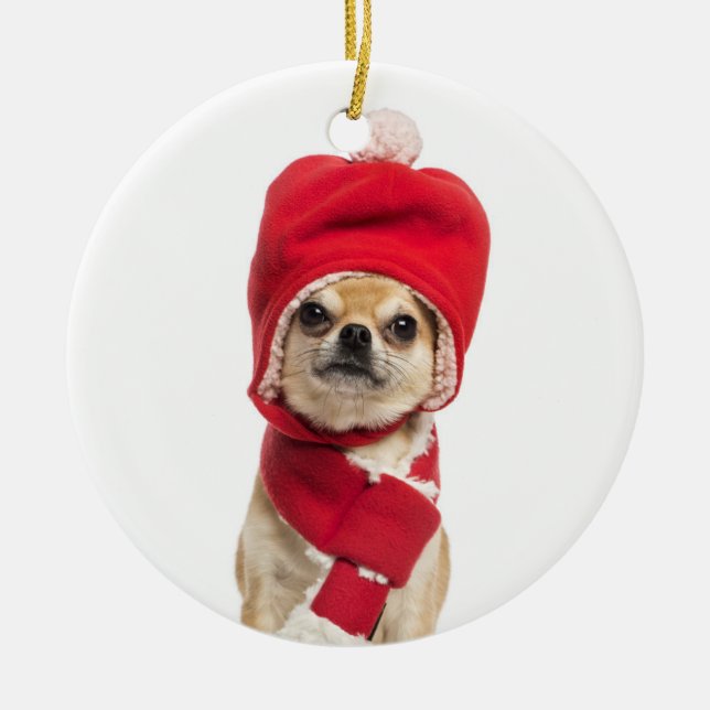 Chihuahua som ha på sig jul hatt och Scarf Julgransprydnad Keramik (Framsidan)