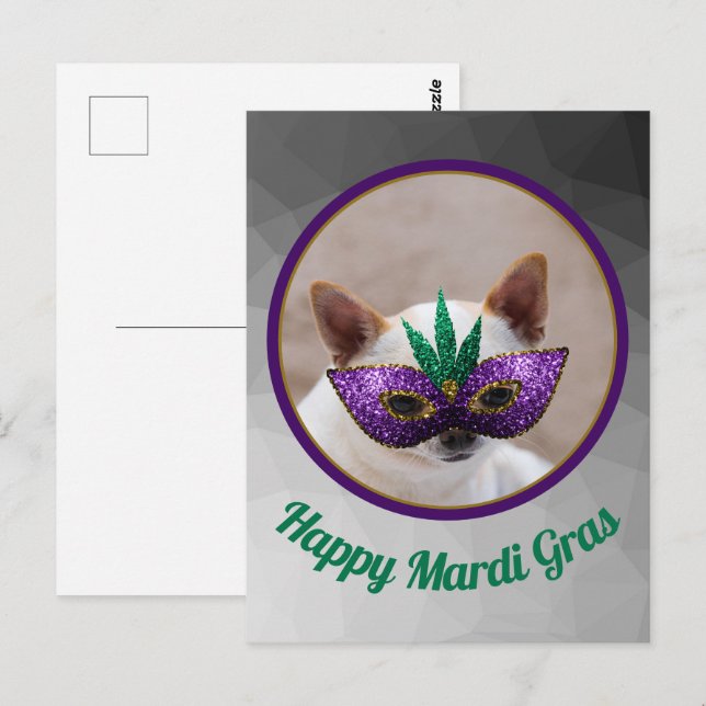 Chihuahua söt Lycklig Mardi Gras sparkly mask Vykort (Fram/baksida)