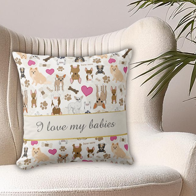 Chihuahua söta roliga hundar tassavtryck benmönste kudde (Chihuahua Cute Silly Dogs Paw Prints Bone Pattern Throw Pillow. Personalize with a name or slogan.)
