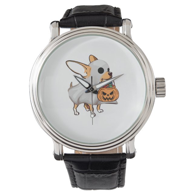 Chihuahua spök Halloween-tröja med pumpa Armbandsur (Framsida)