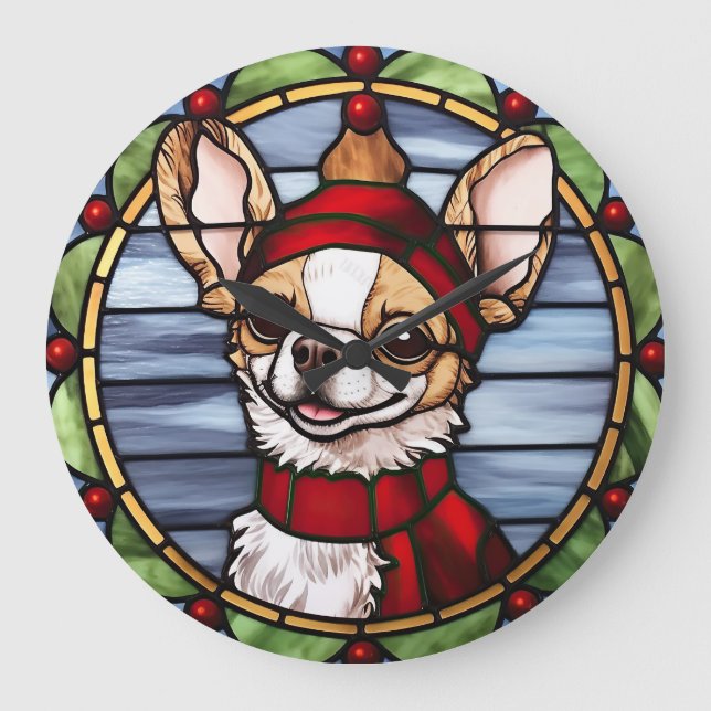 Chihuahua Stached Glass jul Stor Klocka (Framsida)