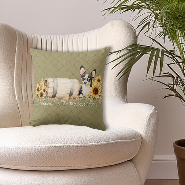 Chihuahua Tri-färg Blommigt Dekorativ kudde (Personalized Chihuahua Tri-color Floral Throw Pillow. Chihuahuas Make The Best Friends)