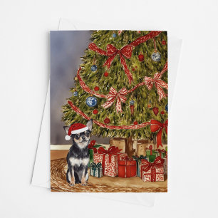 Chihuahua - Tri Färgad Watercolor Julgran Kort