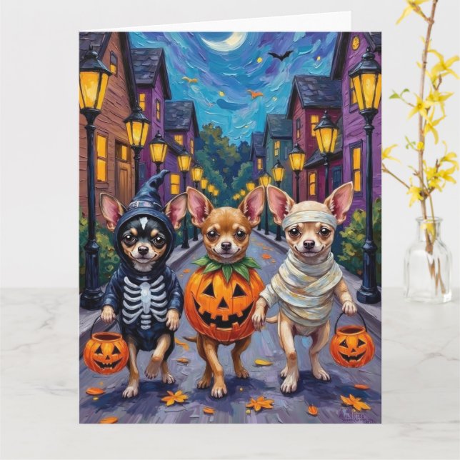 Chihuahua Trick-or-Treating in Halloween Costumes Kort (Gul blomma)