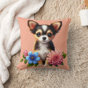 Chihuahua-valp med dekorativa blommor kudde
