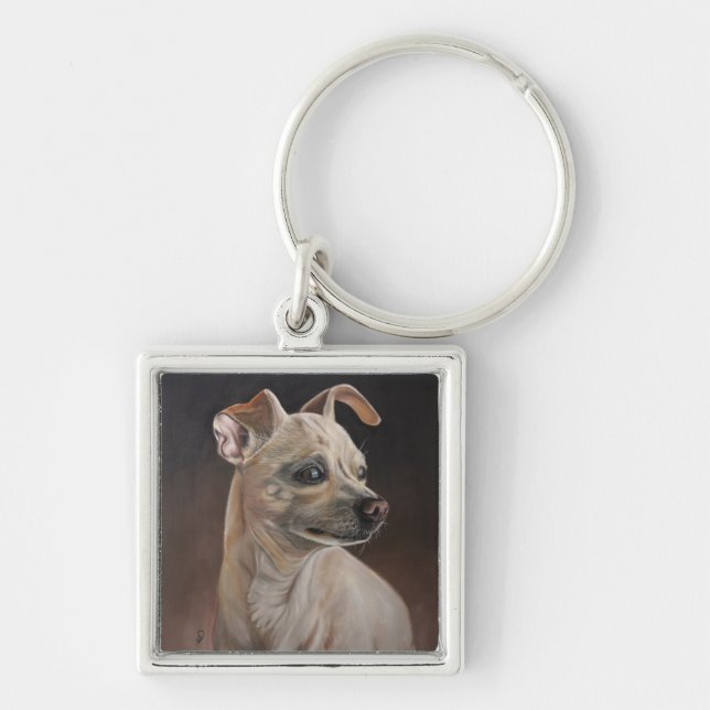 Chihuahuaen kvadrerar nyckelringen fyrkantig silverfärgad nyckelring (Framsidan)