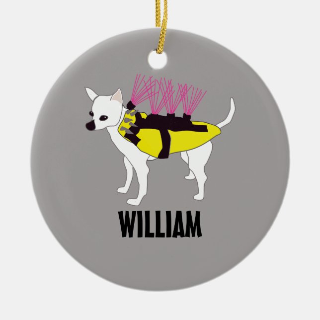 Chihuahuahund i en prärievargjackapersonlig julgransprydnad keramik (Framsidan)