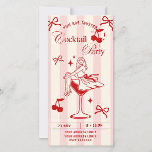 Chik Red & Rosa Retro Bow-flickor Cocktail party Julkort