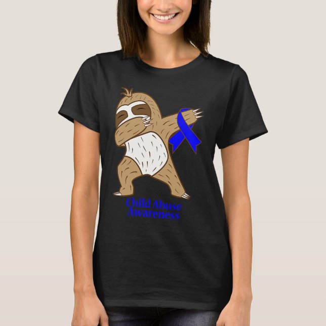 Child Abuse Awareness Ribbon Dabbing Sloth Warrior T Shirt (Framsida)
