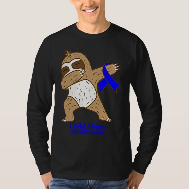 Child Abuse Awareness Ribbon Dabbing Sloth Warrior T Shirt (Framsida)