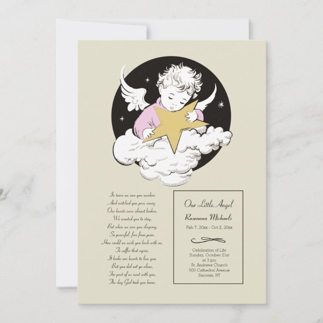 Child Angel Rosa Firande of Life Announcement Meddelande (Framsida)