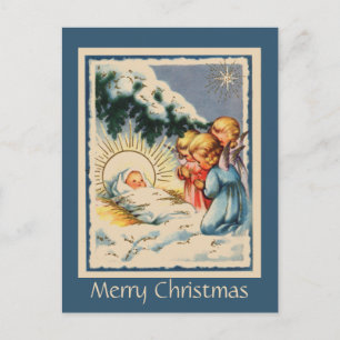 Child Änglar Baby Jesus och Snowy Gräs Träd Vykort