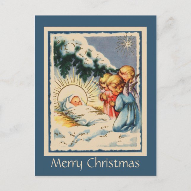Child Änglar Baby Jesus och Snowy Gräs Träd Vykort (Framsida)