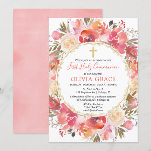 Child First Heliga Communion Blommigt Coral rosa Inbjudningar