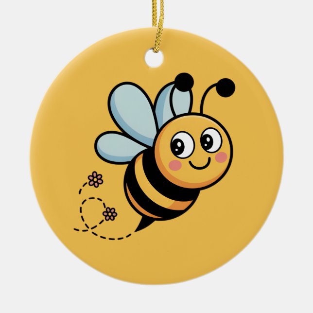 Child-Friendly Bee Mascot with Dotted Trail Julgransprydnad Keramik (Framsidan)
