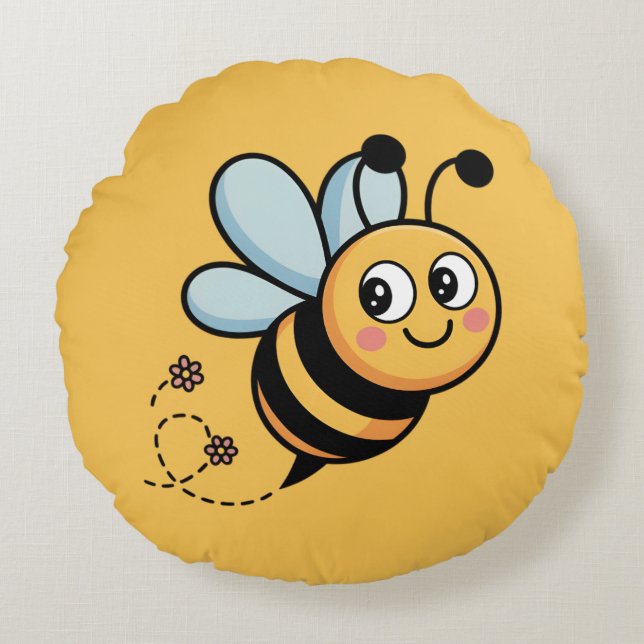 Child-Friendly Bee Mascot with Dotted Trail Rund Kudde (Framsidan)