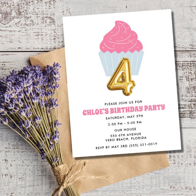 Child Girl Cupaka 4e födelsedagen Party Inbjudningar (Girl Cupcake 4th Birthday Party Invitation)
