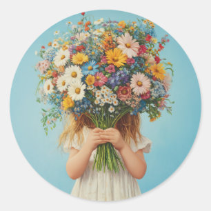 Child Holding a Lush WildblomBouquet Runt Klistermärke