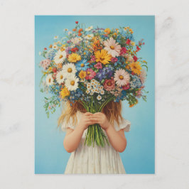 Child Holding a Lush WildblomBouquet Vykort