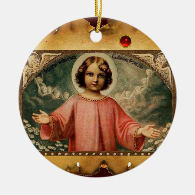 CHILD JESUS MED ÄNGLAR, PARCHMENT JULGRANSPRYDNAD KERAMIK (Framsidan)