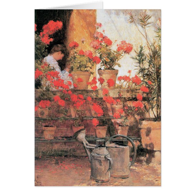 Childe Hassam - röda pelargoner Hälsningskort (Framsidan)